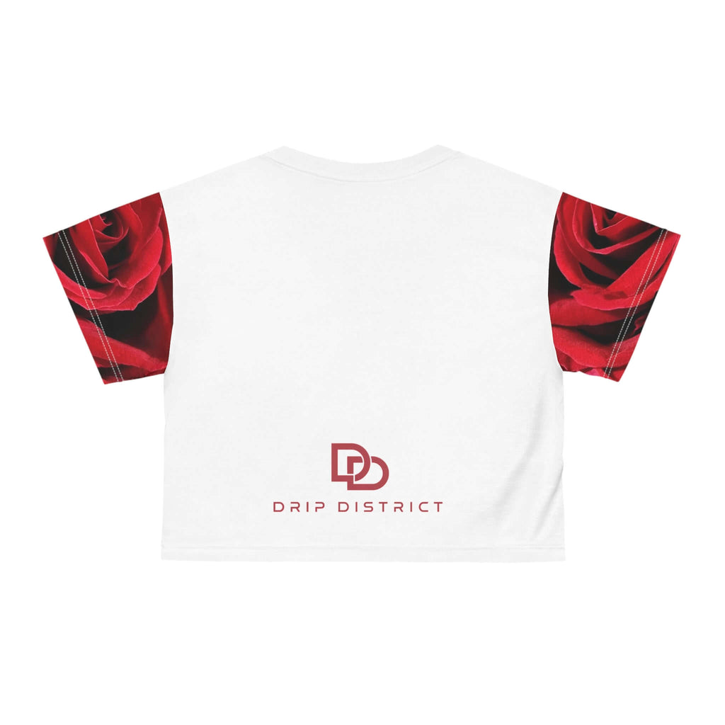 Women Red Rose All-Over Print Crop Tee — Romantic Floral Short Sleeve Top