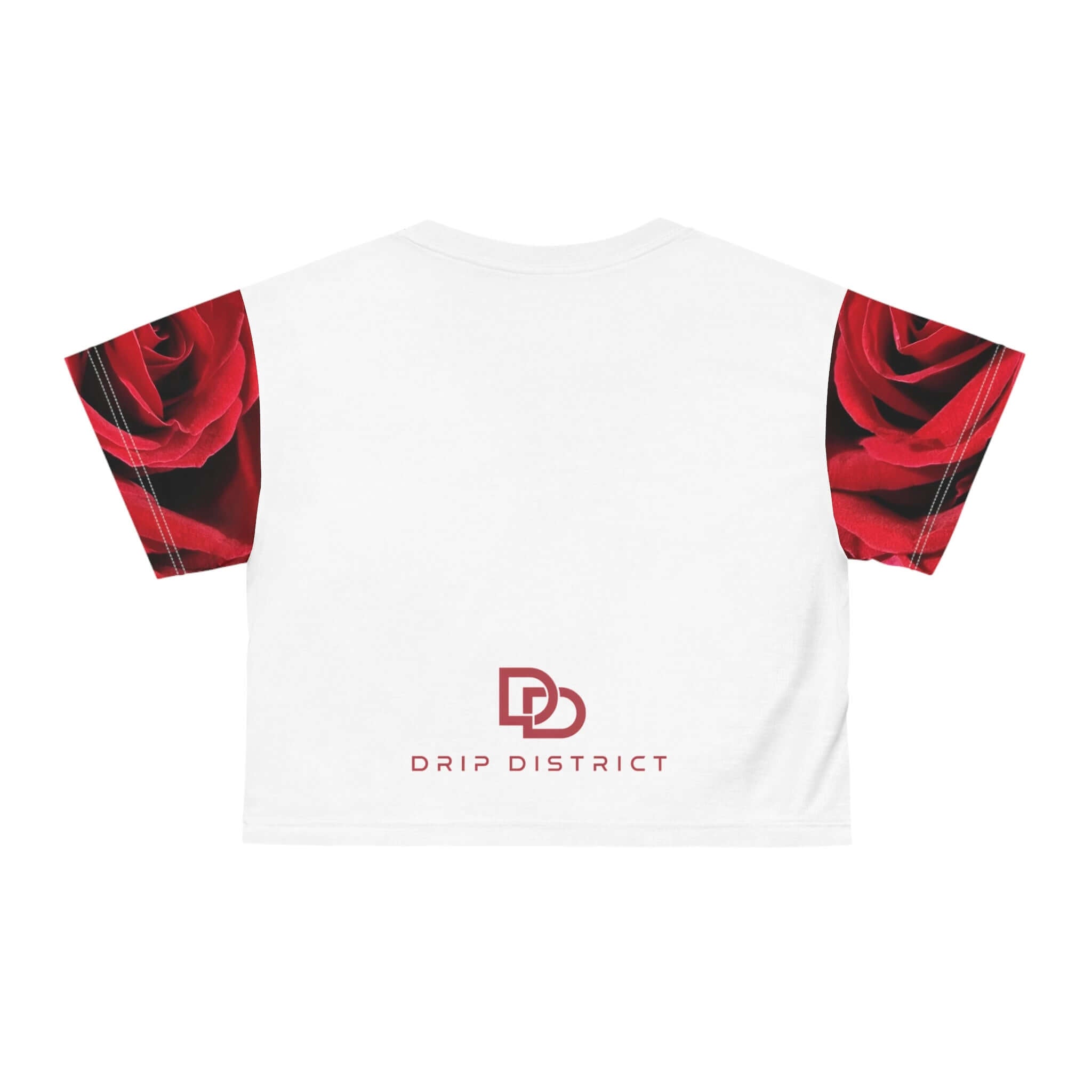 Women Red Rose All-Over Print Crop Tee — Romantic Floral Short Sleeve Top