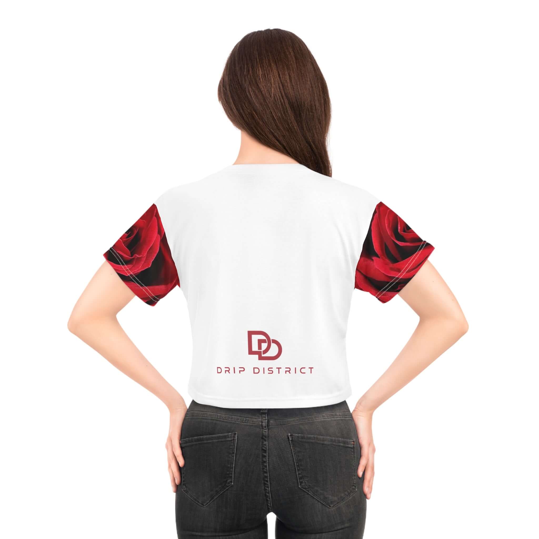 Women Red Rose All-Over Print Crop Tee — Romantic Floral Short Sleeve Top