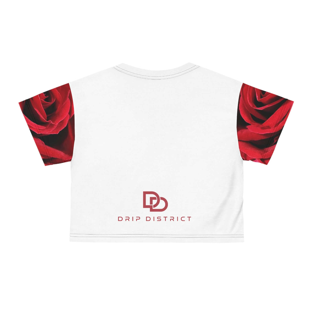 Women Red Rose All-Over Print Crop Tee — Romantic Floral Short Sleeve Top