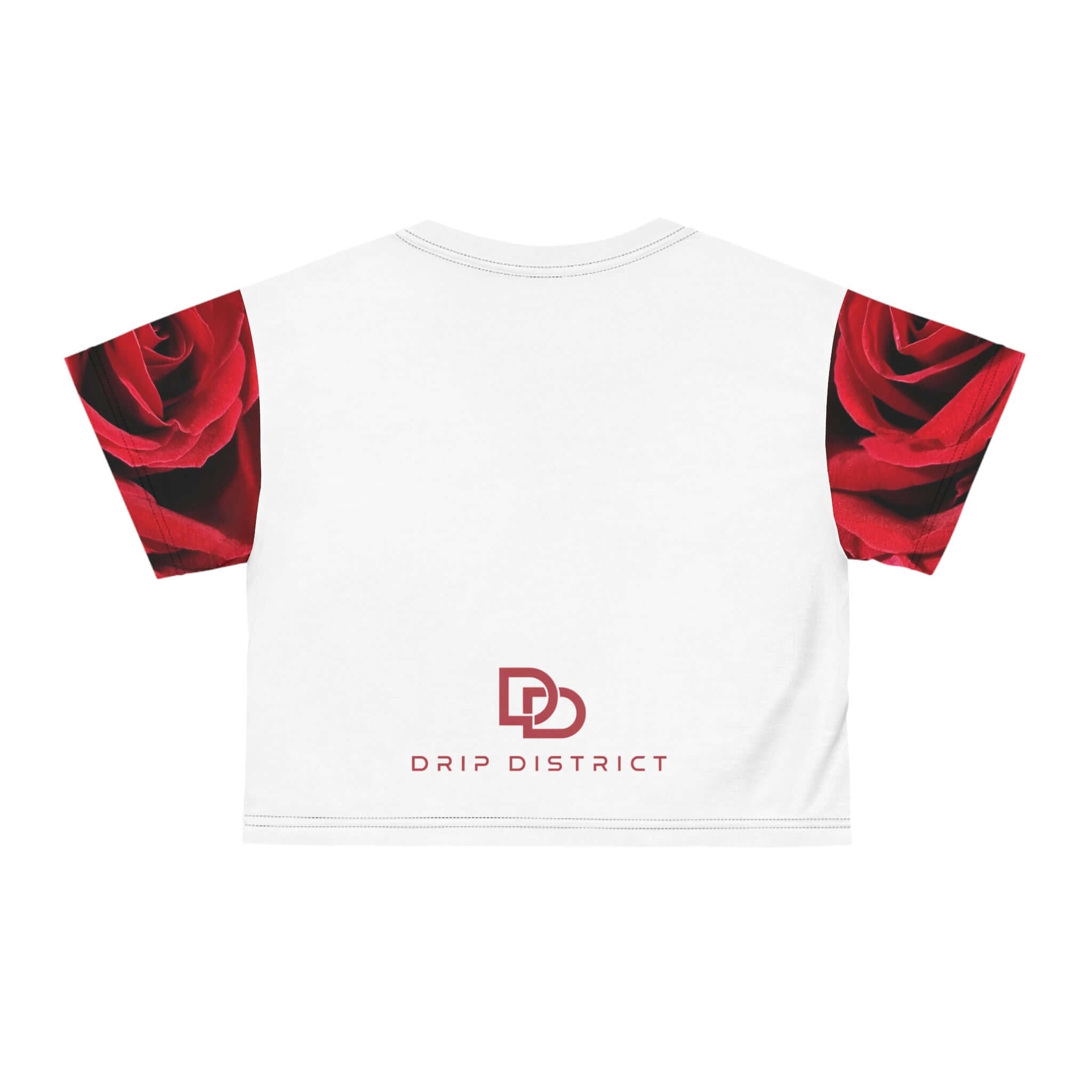 Women Red Rose All-Over Print Crop Tee — Romantic Floral Short Sleeve Top