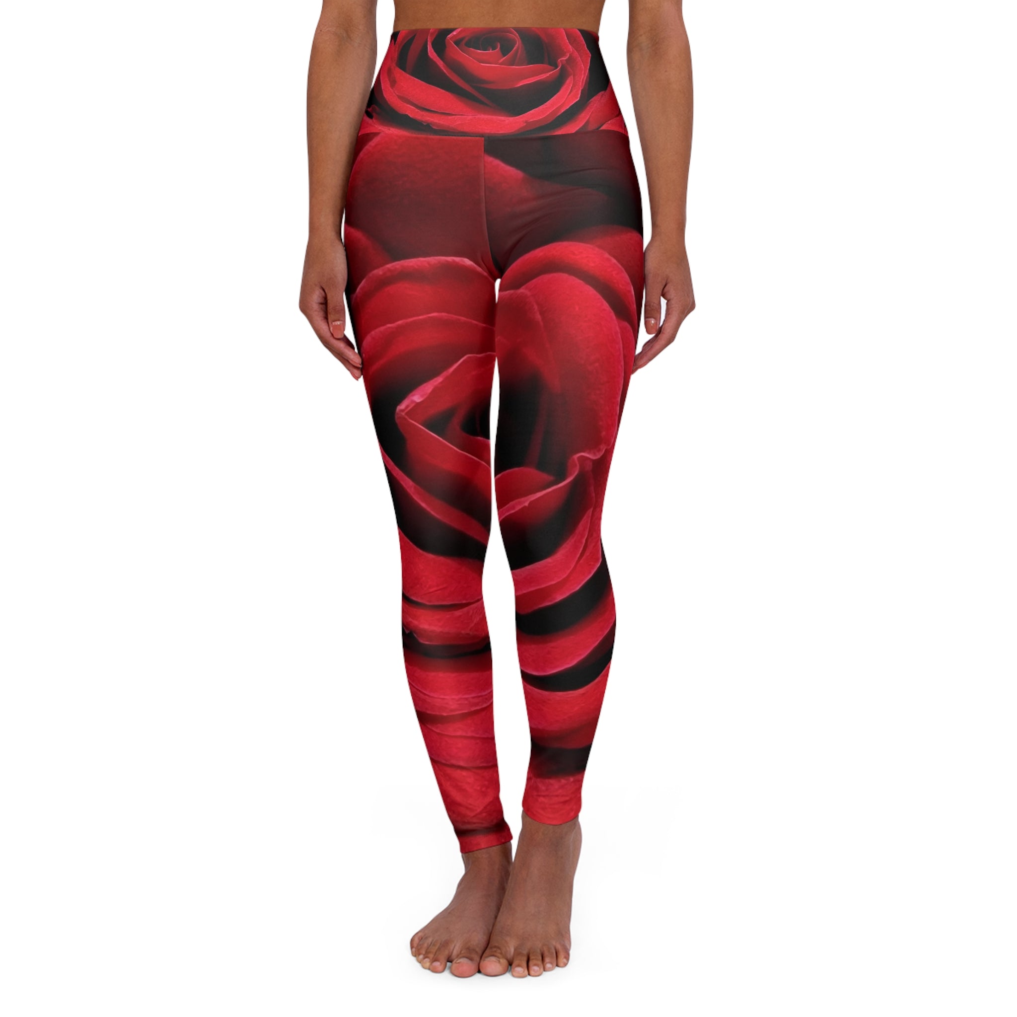 Red Rose High-Waist Yoga Leggings — Floral All-Over Print Fit