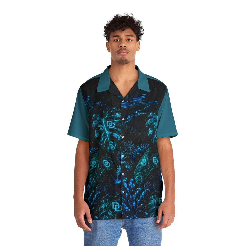 Tropical Blue Hawaiian Shirt — Men’s Leaf Pattern Beach Camp Shirt
