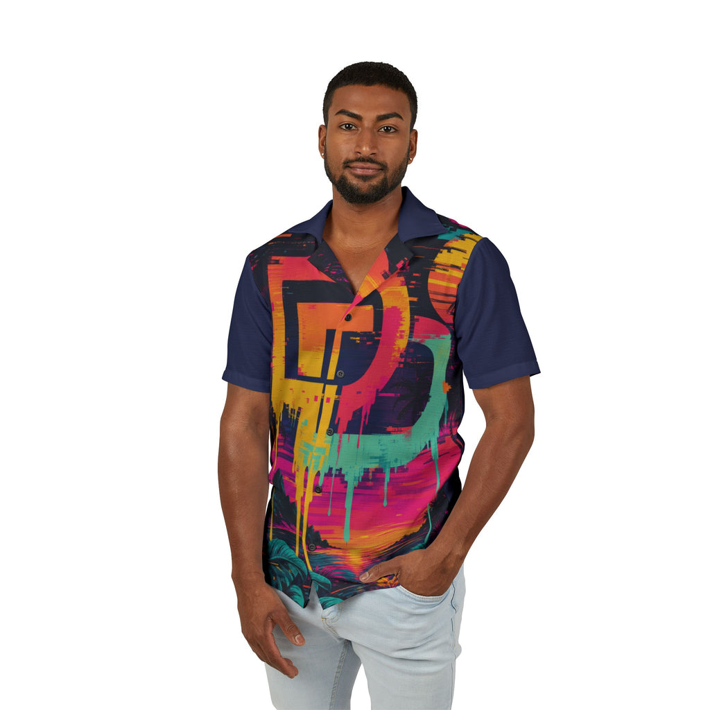 Men's Retro Neon Tropical Sunset Hawaiian Beach Camp Shirt