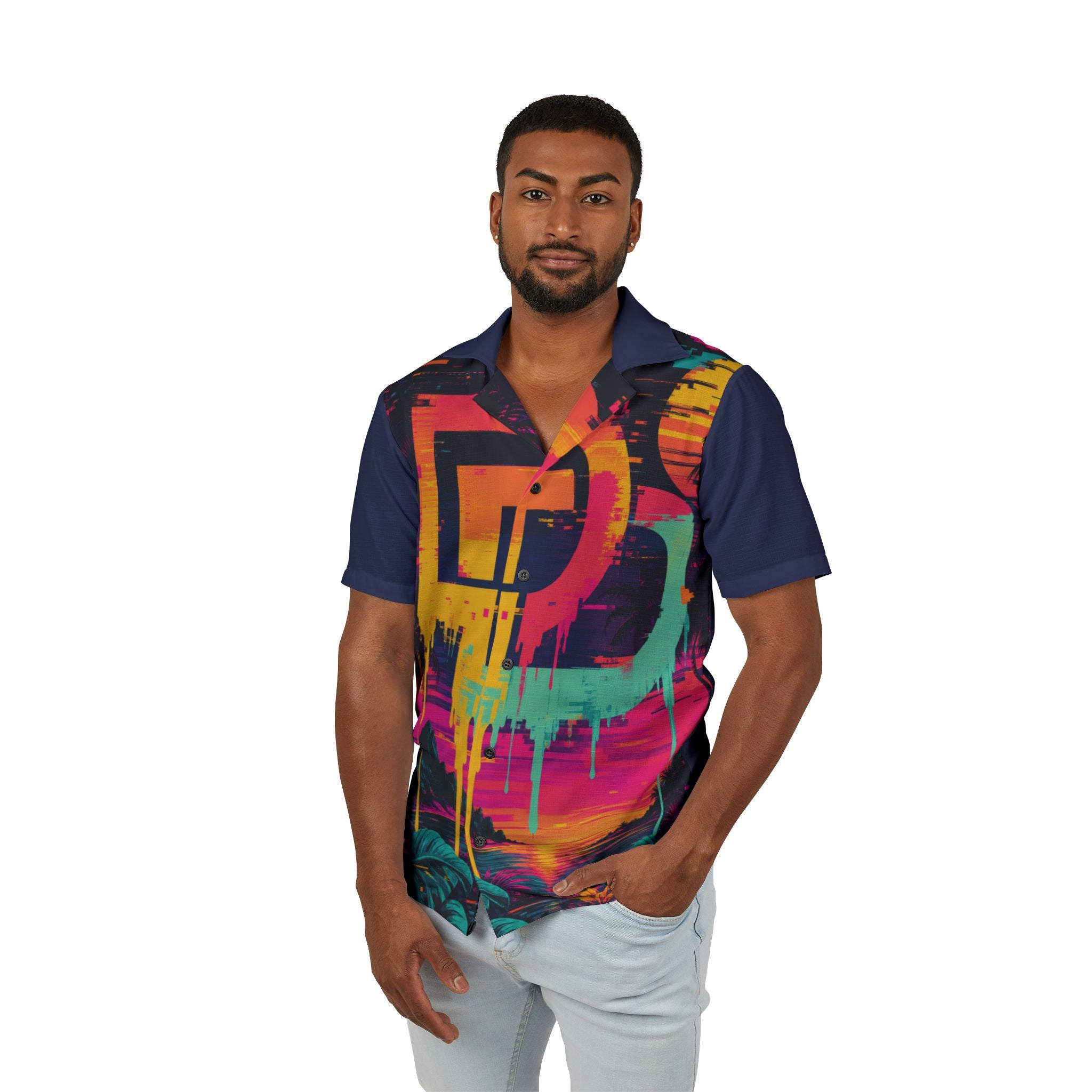 Men's Retro Neon Tropical Sunset Hawaiian Beach Camp Shirt