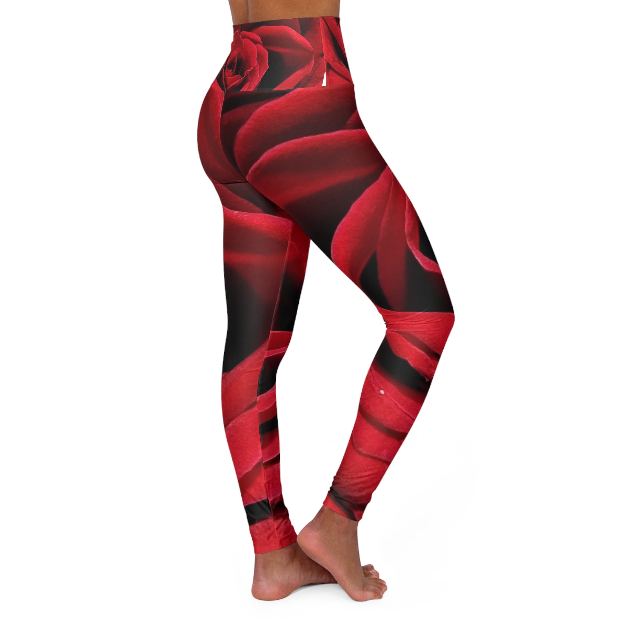 Red Rose High-Waist Yoga Leggings — Floral All-Over Print Fit