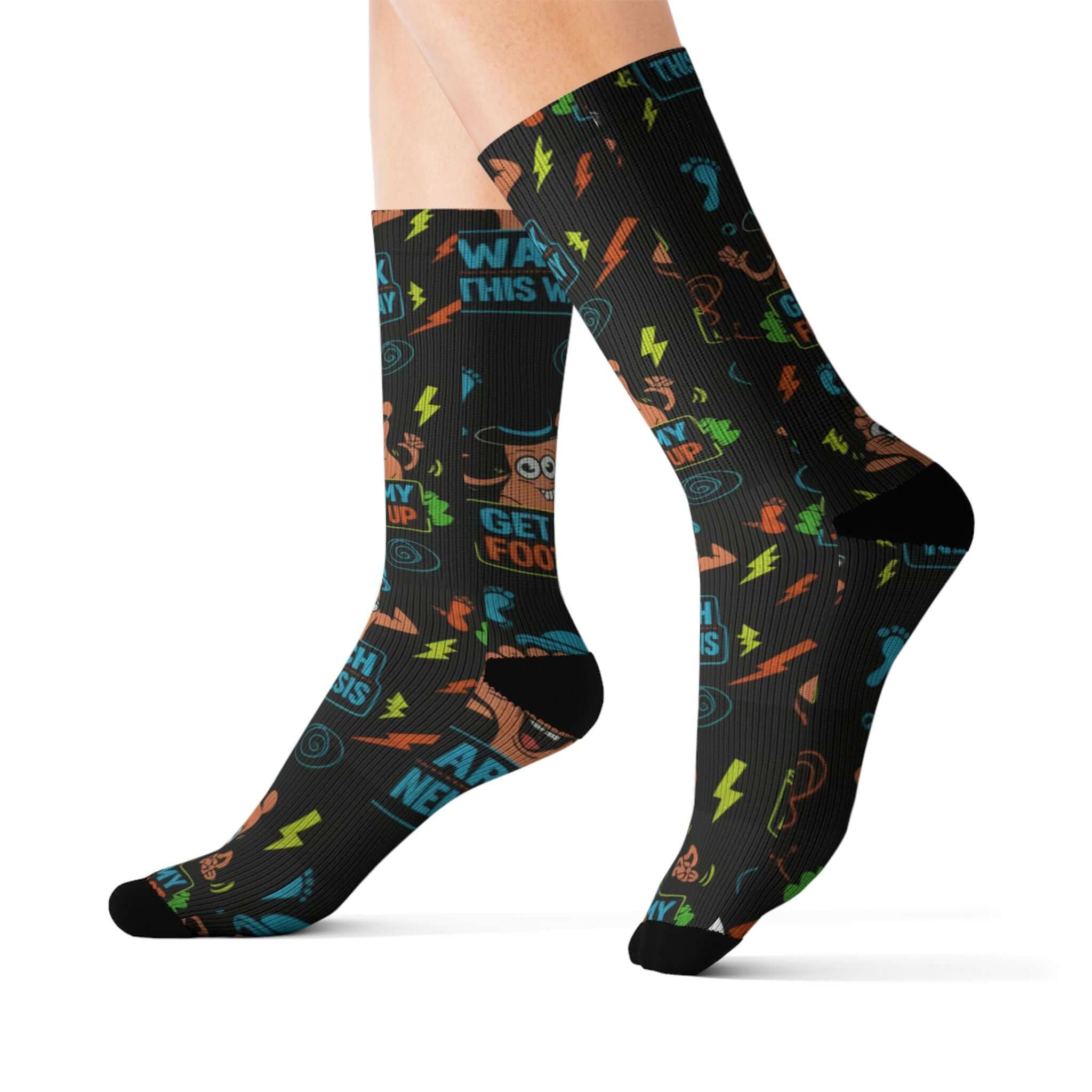 Funny Cartoon Podcast Socks — “Get My Foot Up” Sublimation Crew Socks