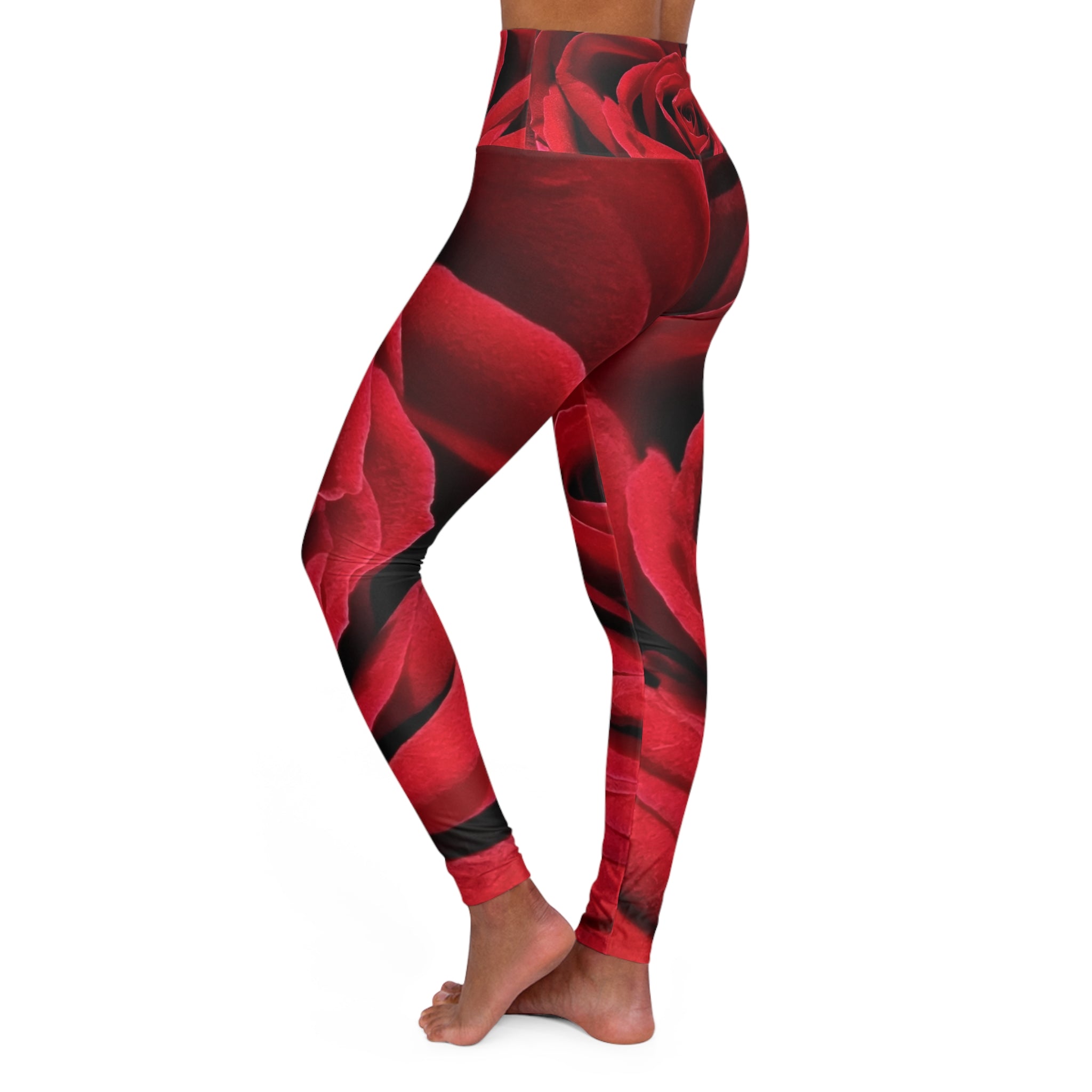 Red Rose High-Waist Yoga Leggings — Floral All-Over Print Fit