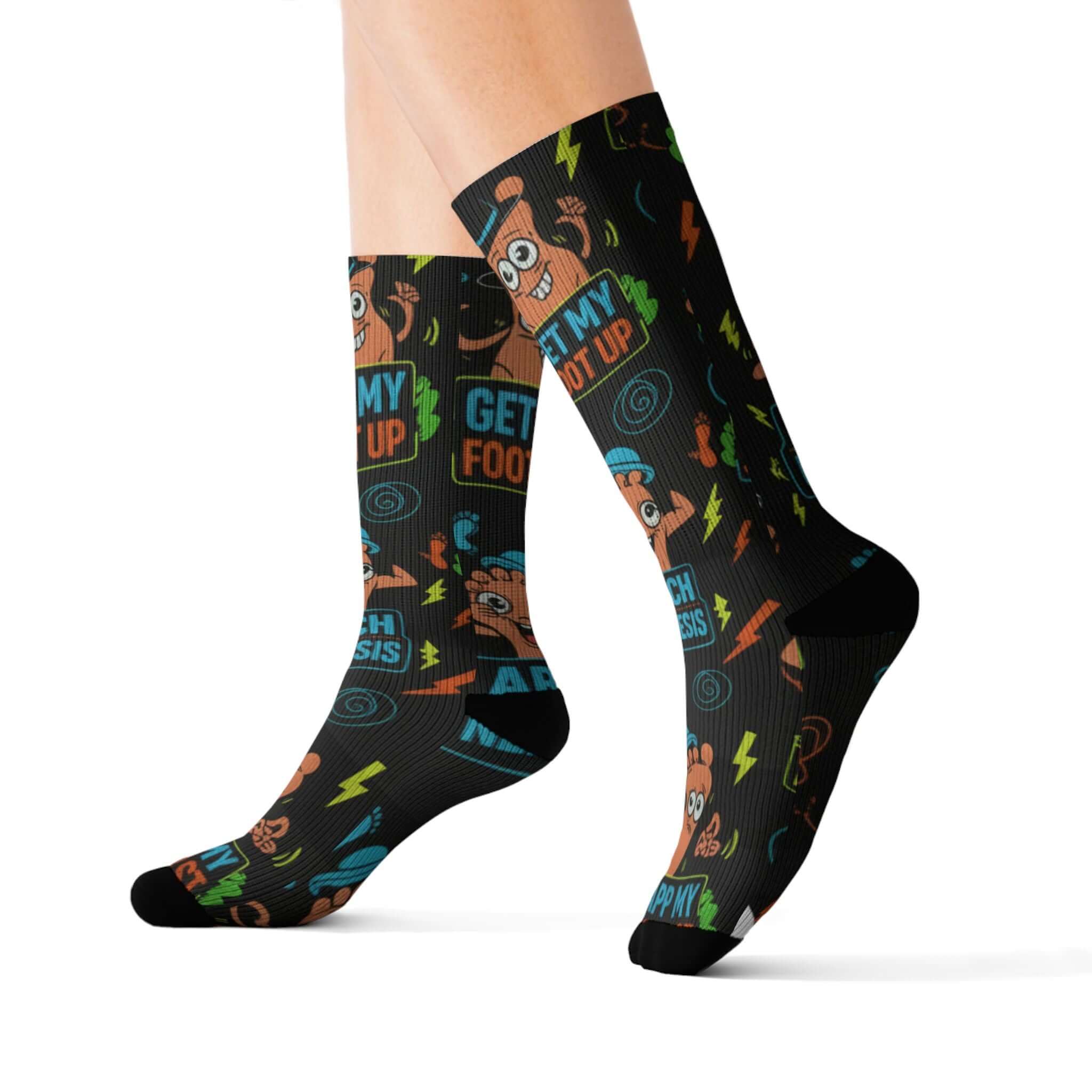 Funny Cartoon Podcast Socks — “Get My Foot Up” Sublimation Crew Socks