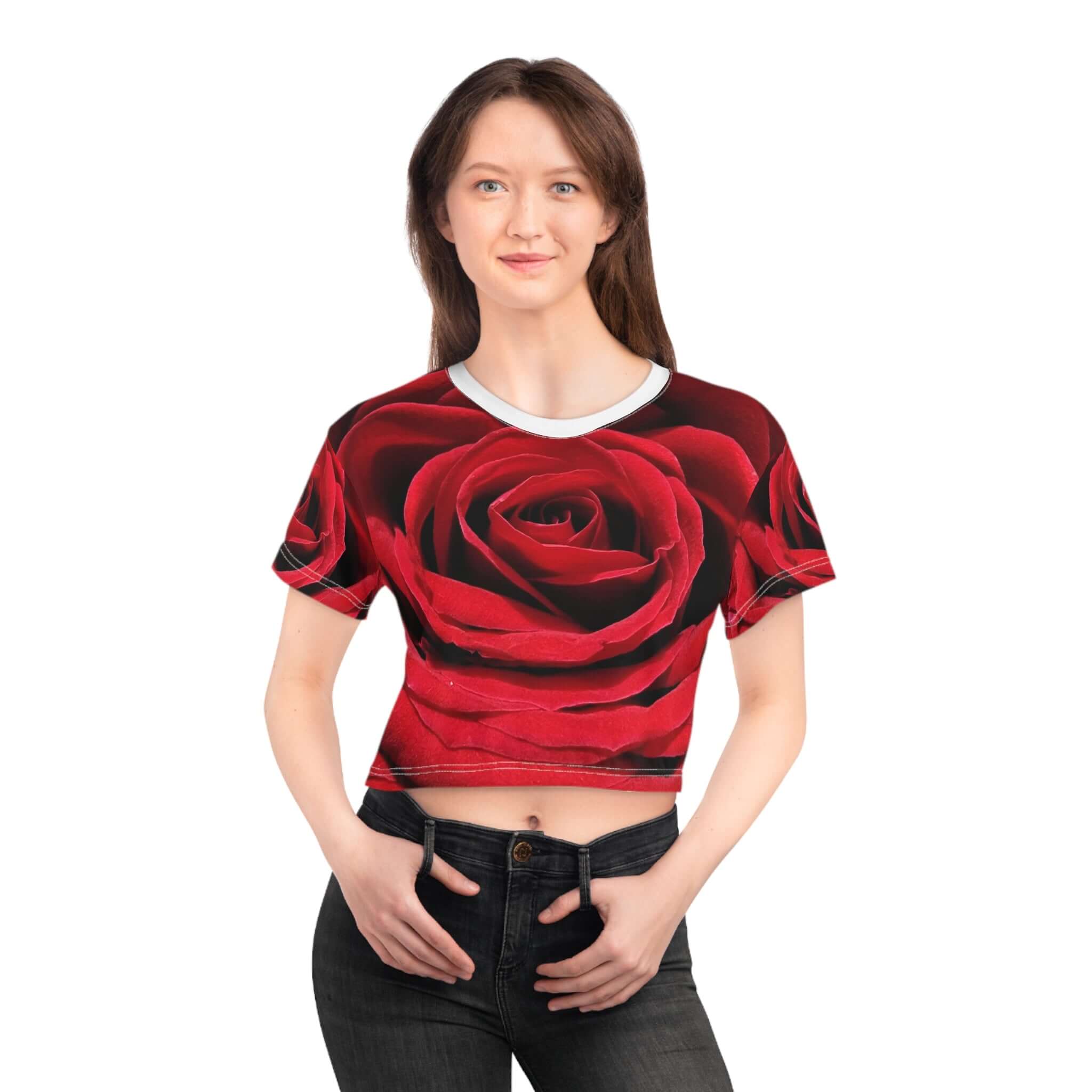 Women Red Rose All-Over Print Crop Tee — Romantic Floral Short Sleeve Top