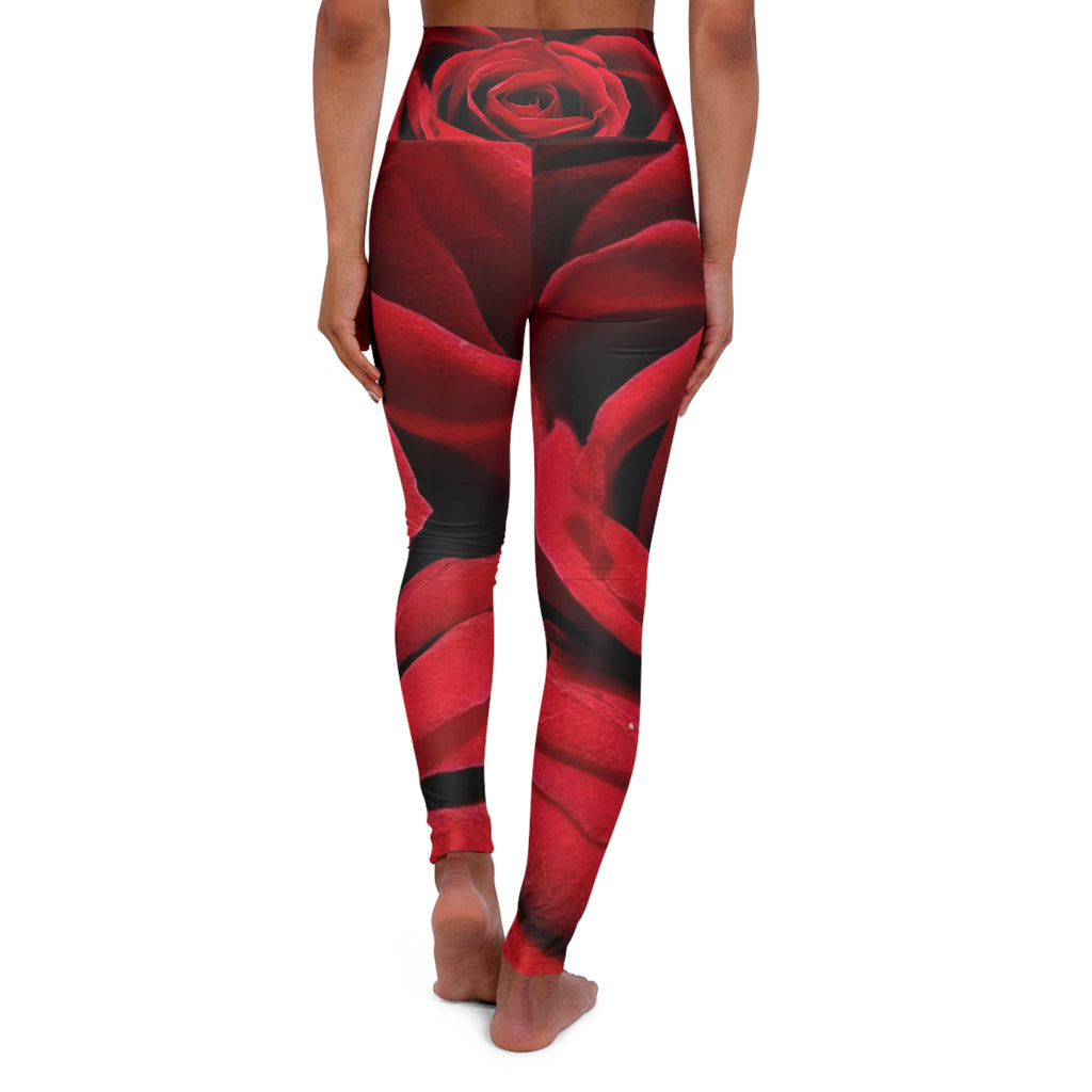 Red Rose High-Waist Yoga Leggings — Floral All-Over Print Fit