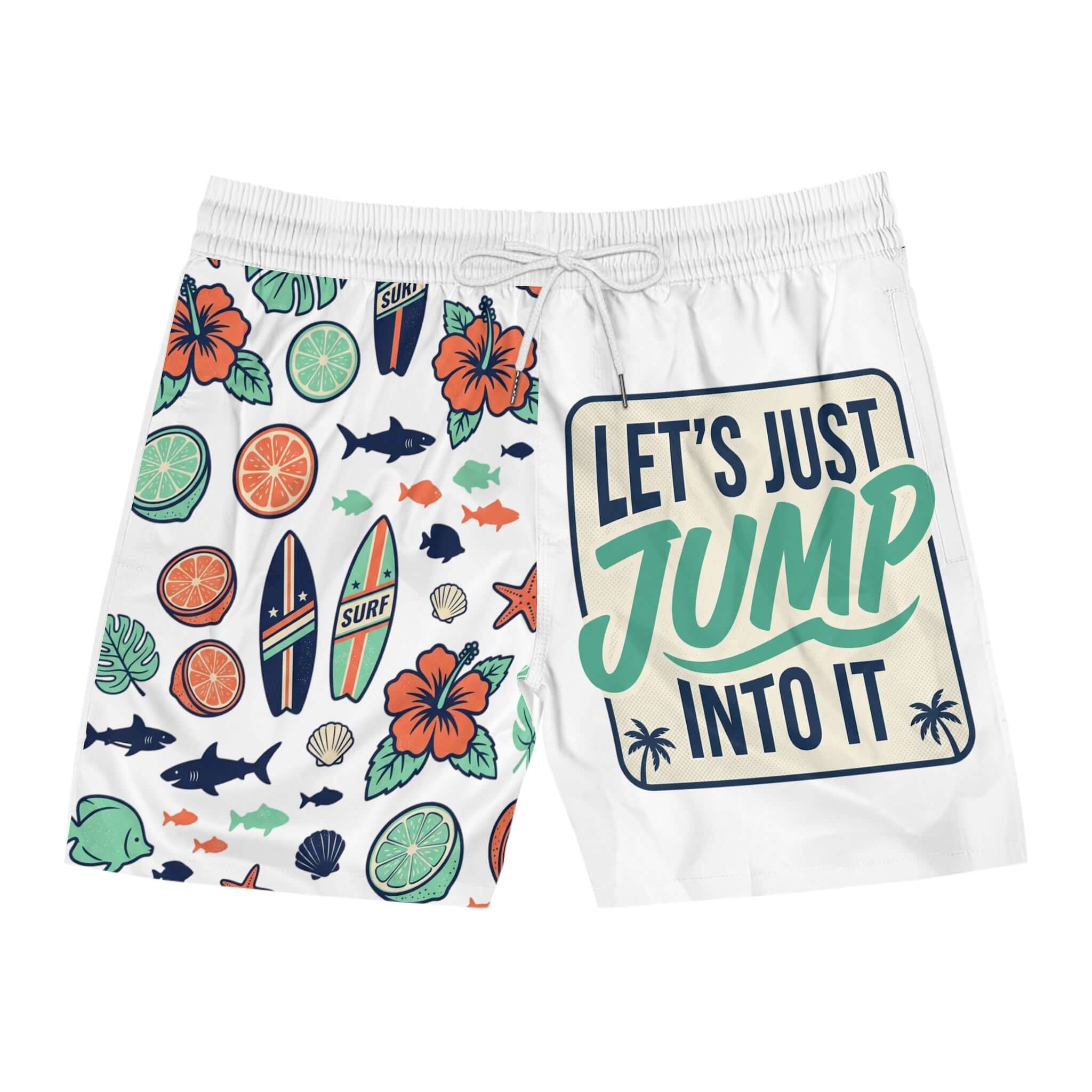 Men's Surf Swim Shorts — 'Let's Just Jump Into It' Tropical Print