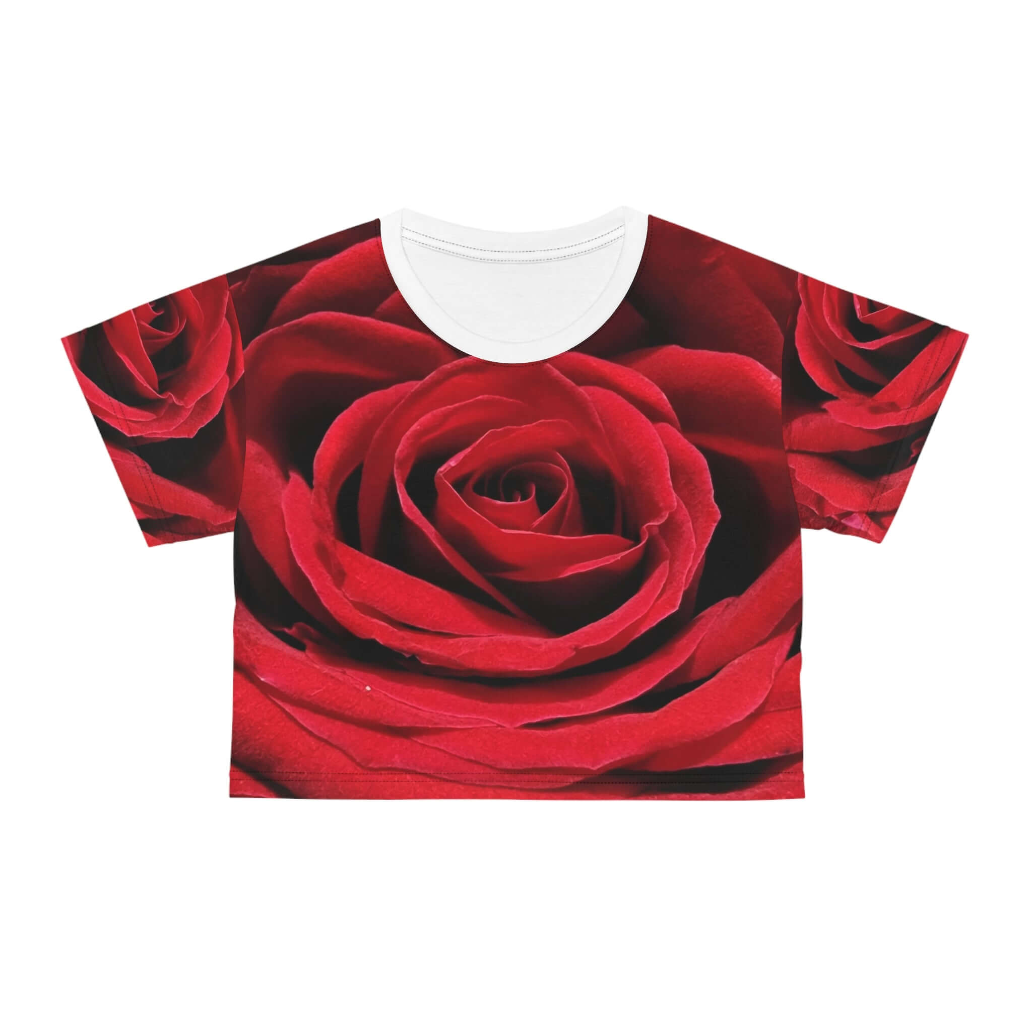 Women Red Rose All-Over Print Crop Tee — Romantic Floral Short Sleeve Top