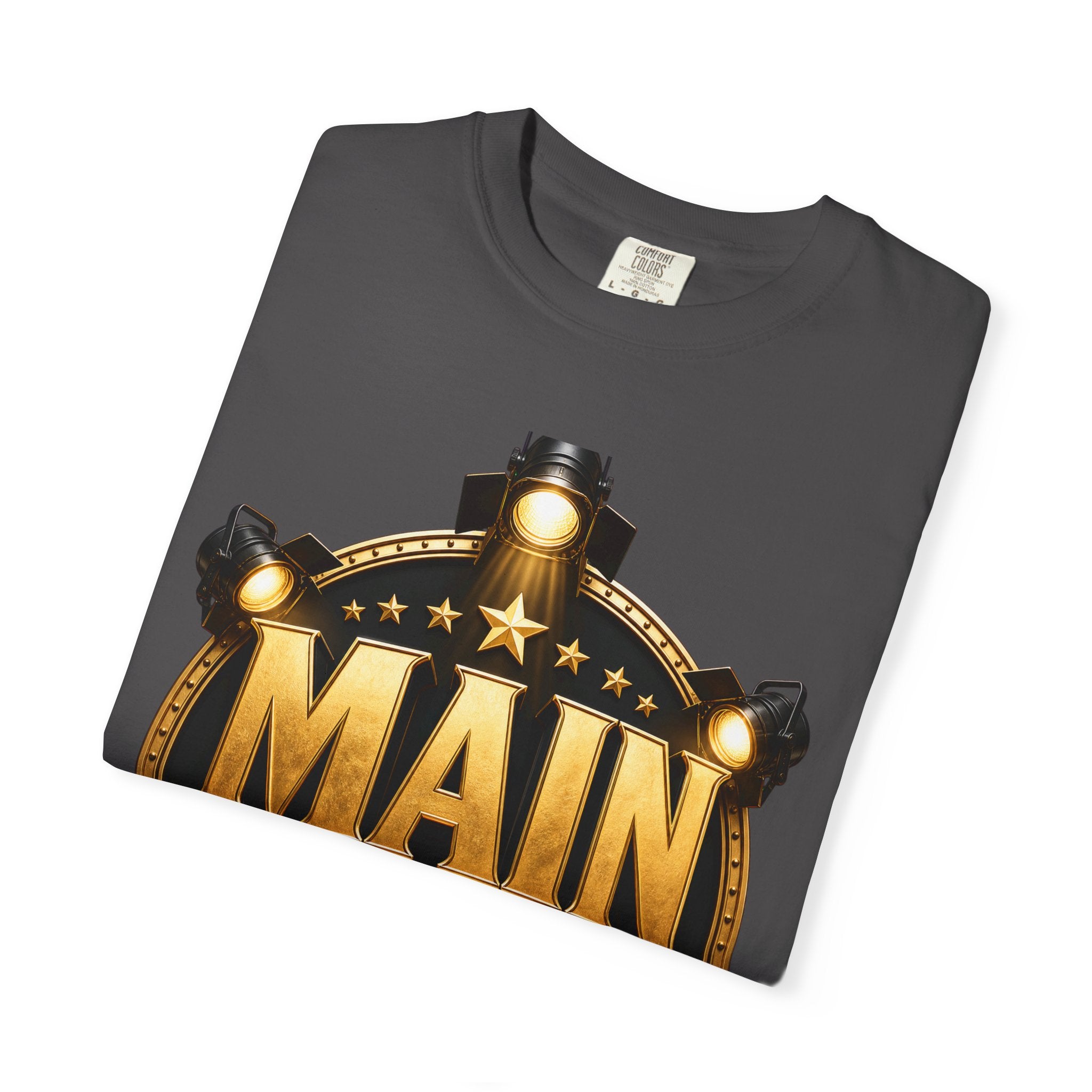 Main Character Graphic T‑Shirt — Gold Film Badge Design