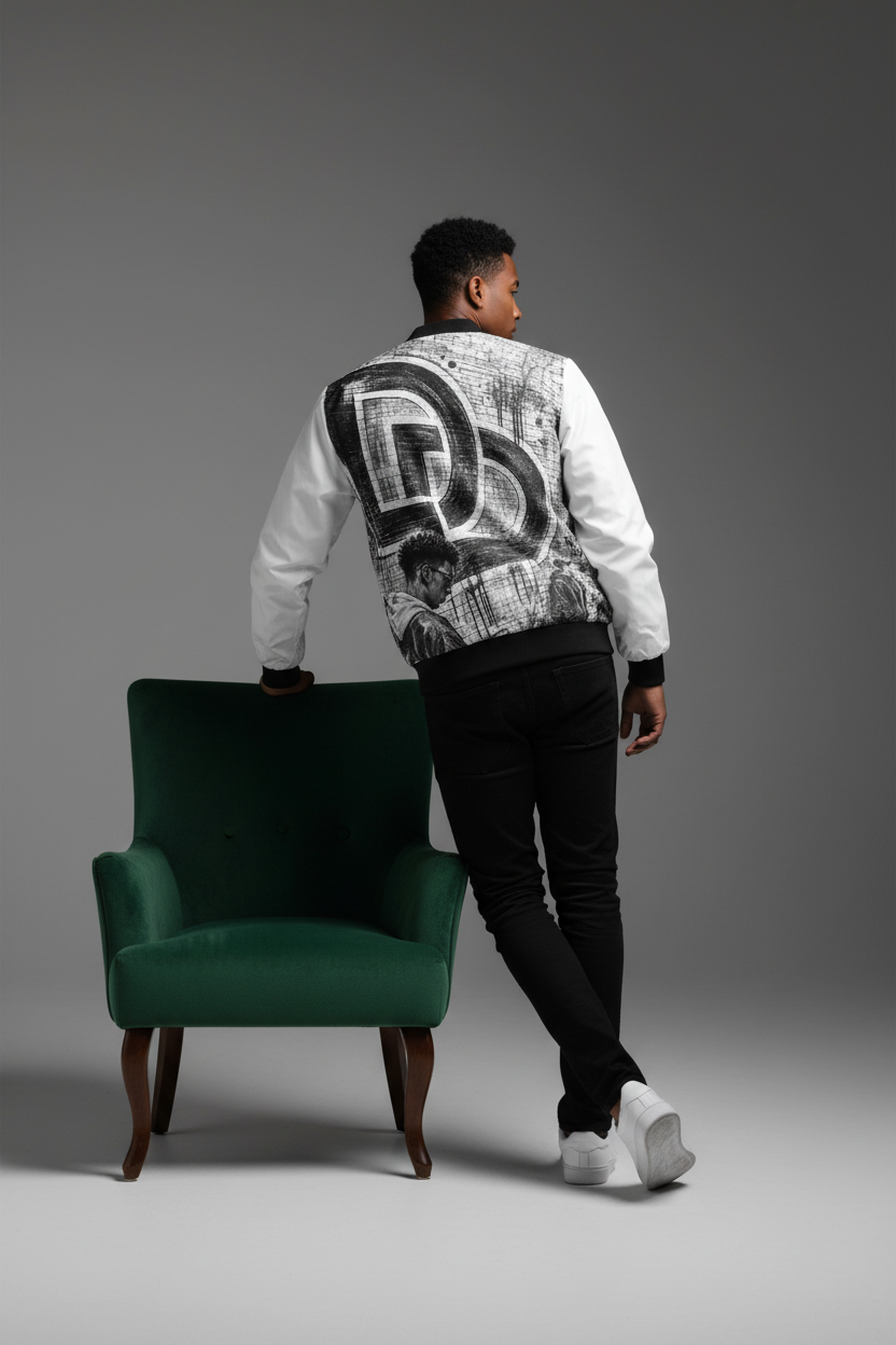 Drip District Bomber Back - Model Standing Against Chair