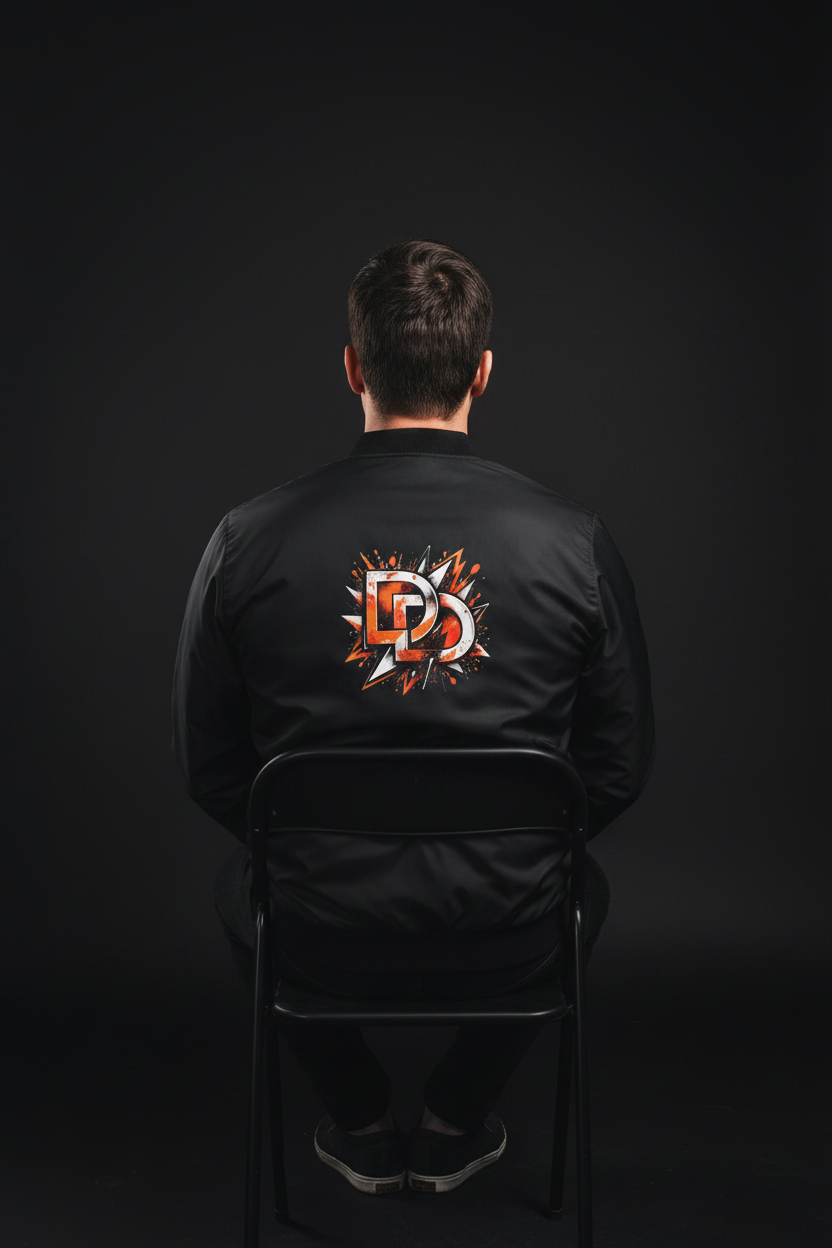 Drip District Orange Graffiti Bomber - Back View Seated